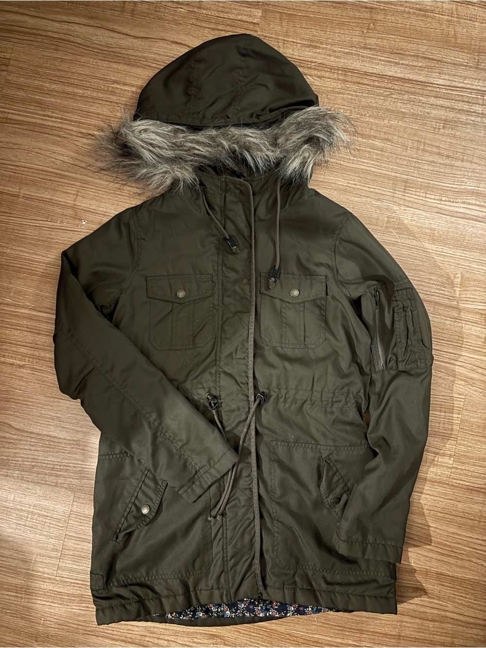 Forever 21 Dark Olive Hooded Field Coat with Faux-Fur Trim